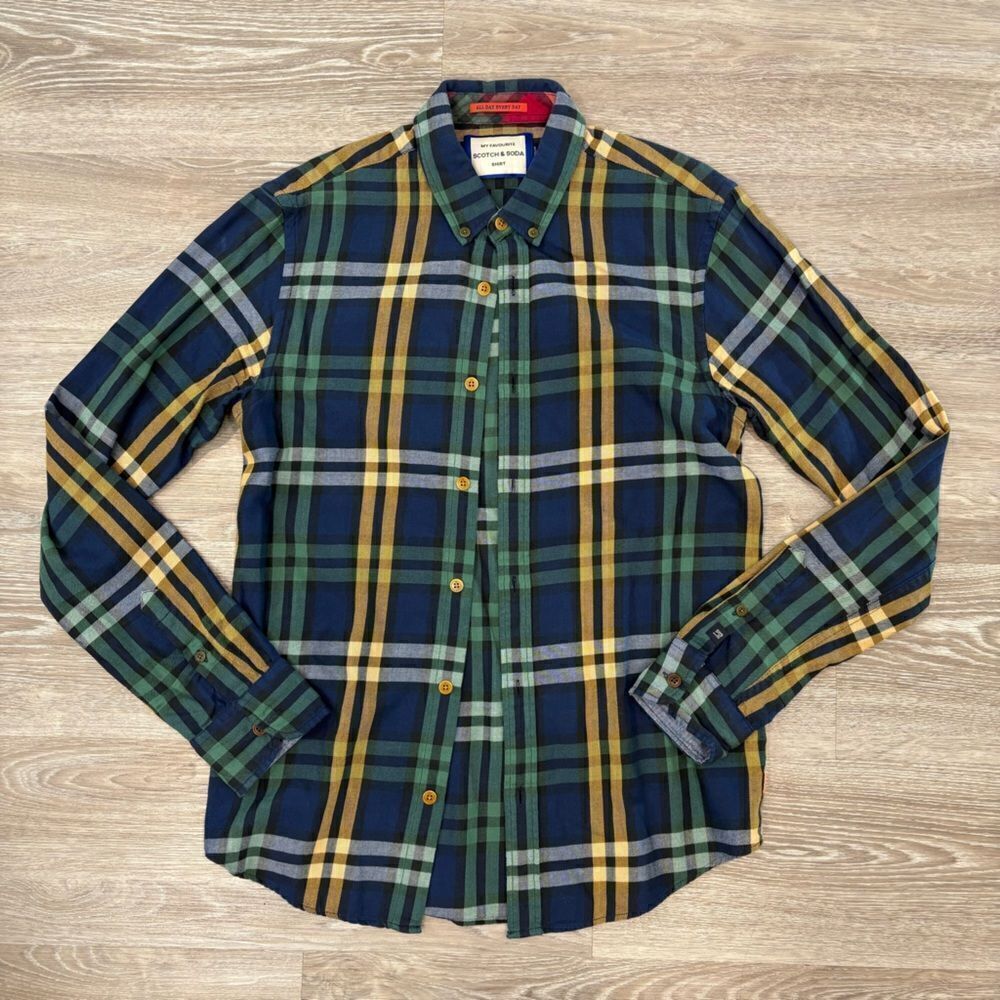 Scotch & Soda My Favorite Regular Fit Men Green Blue Flanel Cotton Shirt sz S
